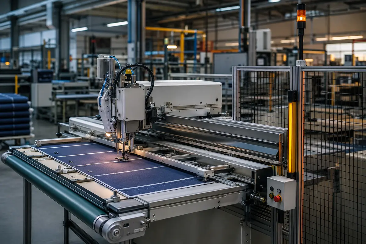 Automated sewing cell with conveyor and safety guarding