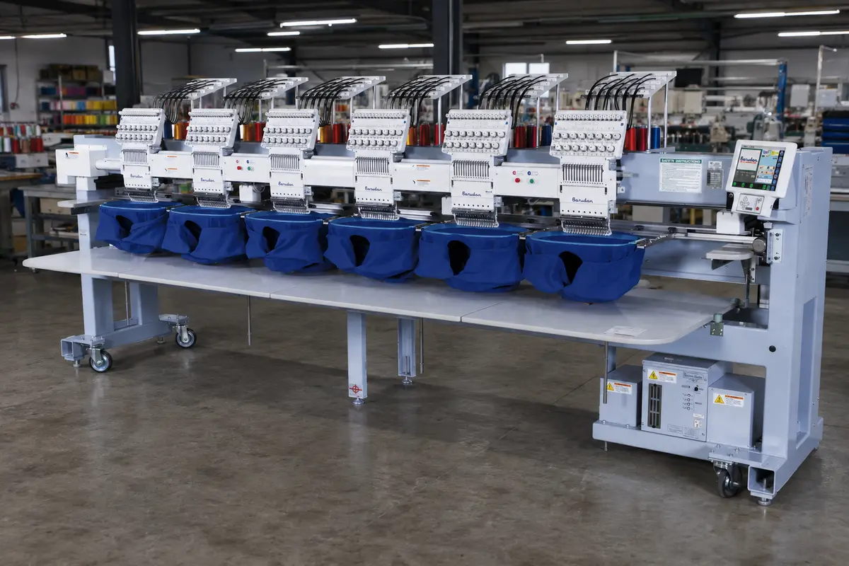 Multi-head commercial embroidery machine in a textile production facility