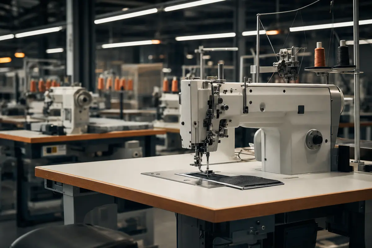 Industrial sewing machine on a modern production floor