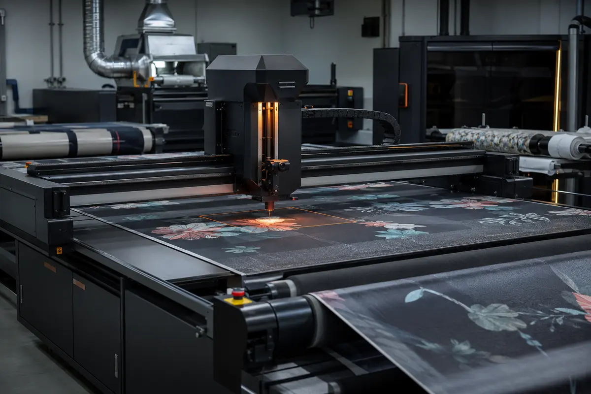 Wide-format laser and vision cutting system processing printed fabric